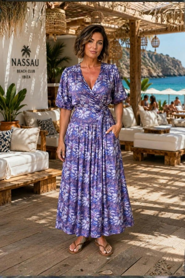 Lilian Wrap Dress - Puff sleeve wrap dress in a purple floral viscose satin, Maxi length