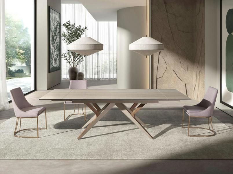 Angel Cerdá Rectangular extending dining table in porcelain marble, metallic sand steel and walnut 1155