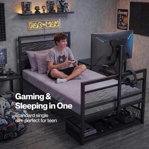 Levede Single Bed Frame Gaming Bed TV Bed 360° Rotating Mount Metal Black