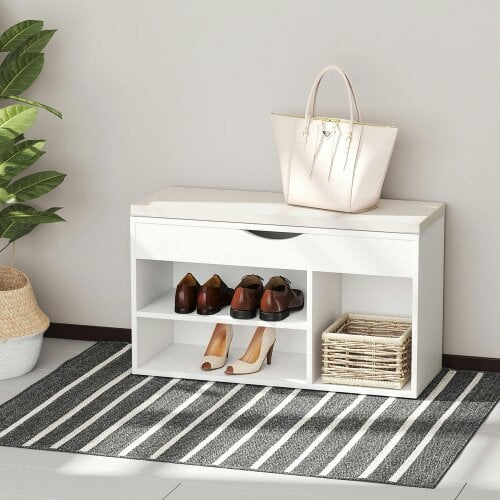 Wyld Haus Sokari Wooden White Shoe Storage Bench 1 Drawer And Padded Seat