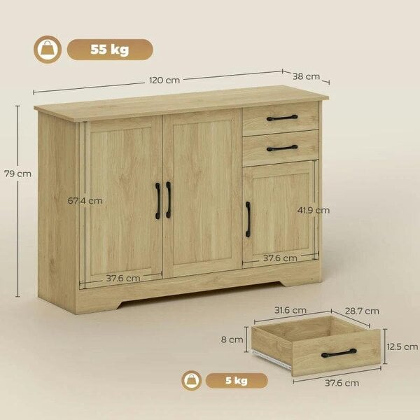 Sideboard with 2 Drawers Modern Storage Cabinet, Kitchen Cupboard with Adjustable Shelf and 3 Doors Natural