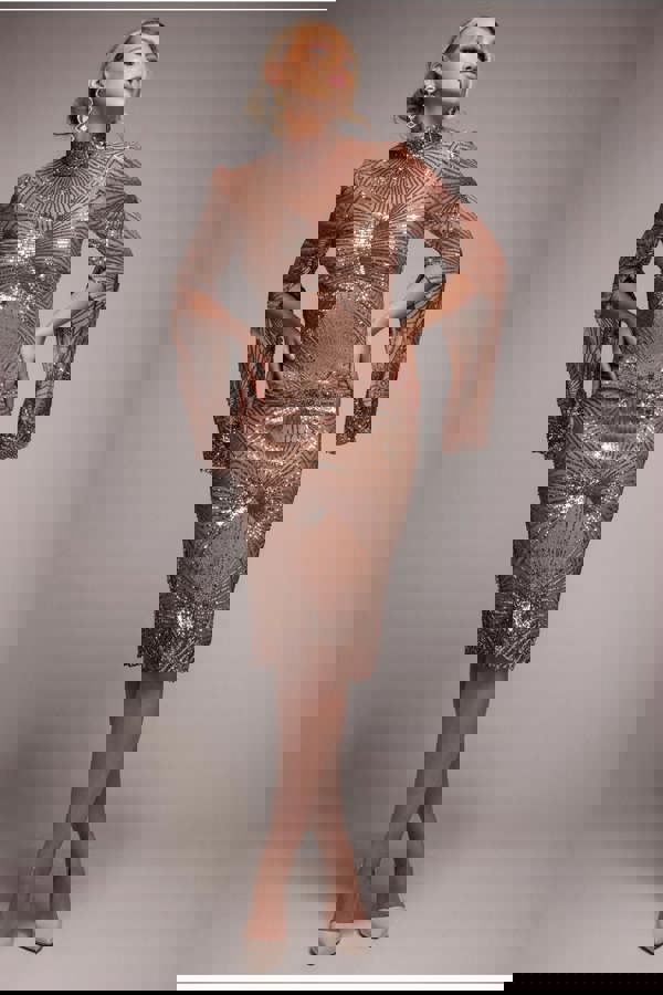 Sequin Starburst Cape Sleeve Midi Dress - Champagne DR4799