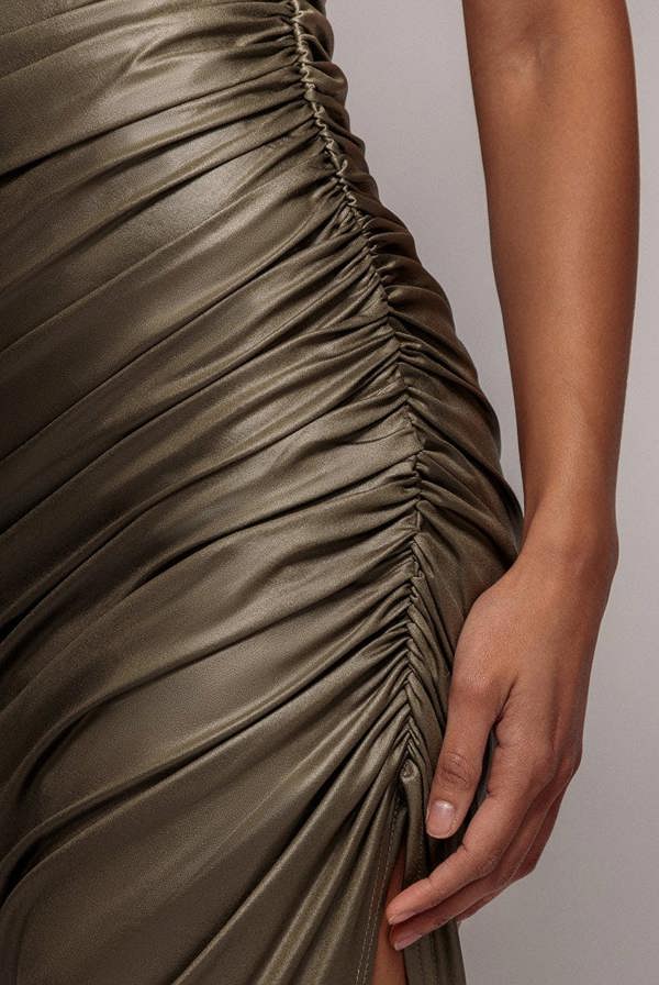 Bandeau Faux Leather Midi Dress - Khaki DR3727