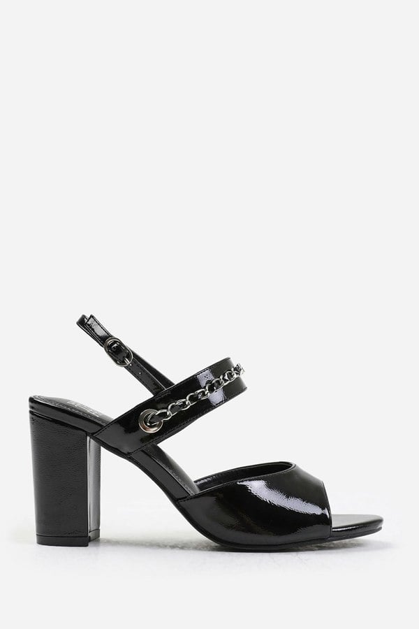 Where's That From Joella Wide Fit Mid Block Heels With Chain Detailing in Black Patent