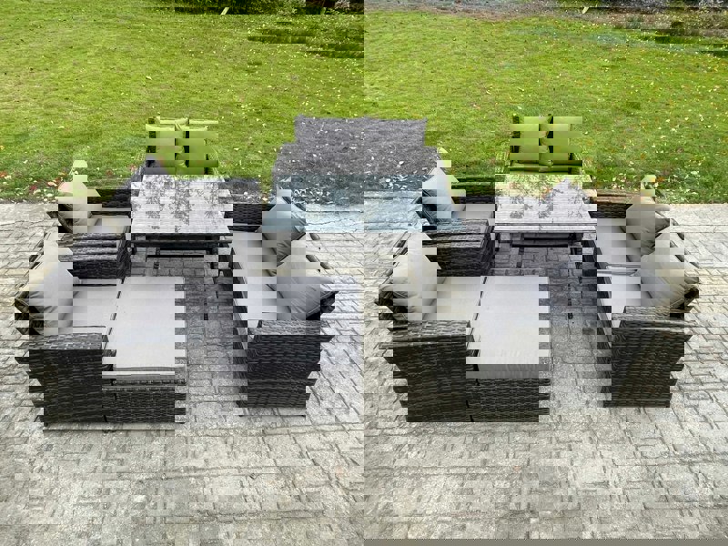 Fimous Rattan Garden Furniture Set 7 Seater Patio Outdoor Lounge Sofa Set with Rectangular Dining Table Love Seat Sofa Dark Grey Mixed