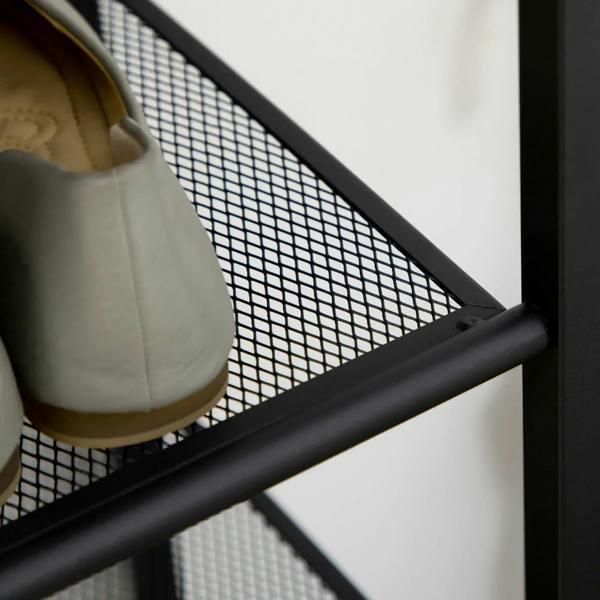 Black mesh shelf panel with metal frame, slanted shoe rack rail