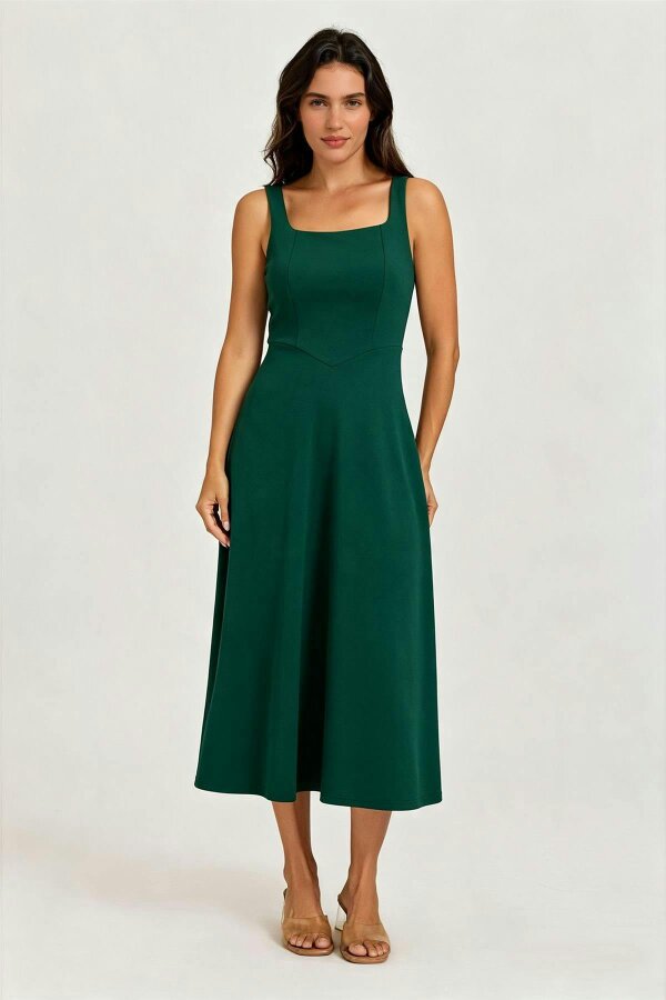 FS Collection Square Neck Sleeveless Fit & Flare Midi Dress In Green