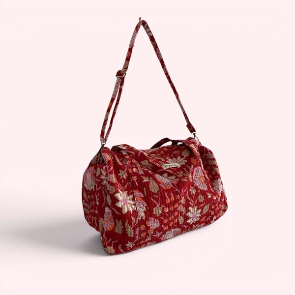 Hayley & Co Weekend Duffle Bag | Red Block Print Floral with Long Strap