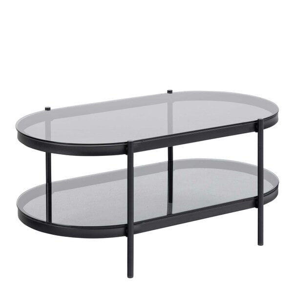 Wyld Haus Featheroak Grey Glass Oval Coffee Table Black Metal Legs