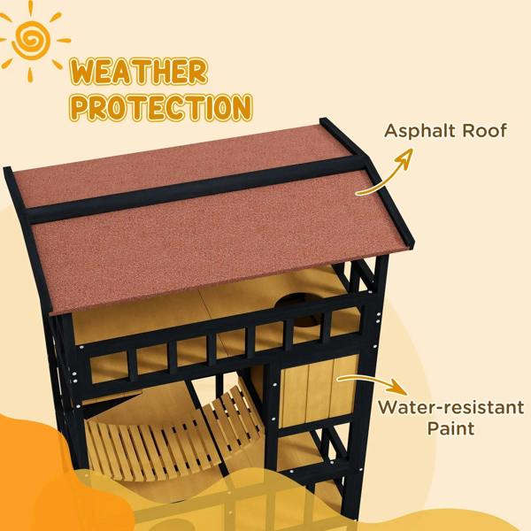 Weather-protective roof and water-resistant paint on a four-tier wooden cat shelter