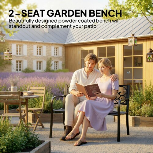 Wyld Haus Faneso Metal Black Garden Bench With Floral Backrest And Armrests