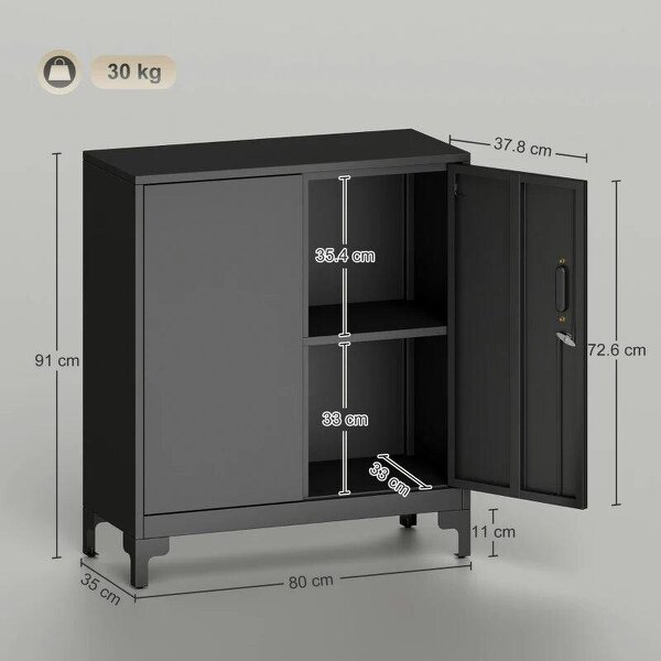 Lockable Metal Filing Cabinet, 2-Tier Storage Cupboard with Double Doors, Modern Office Organiser, Black