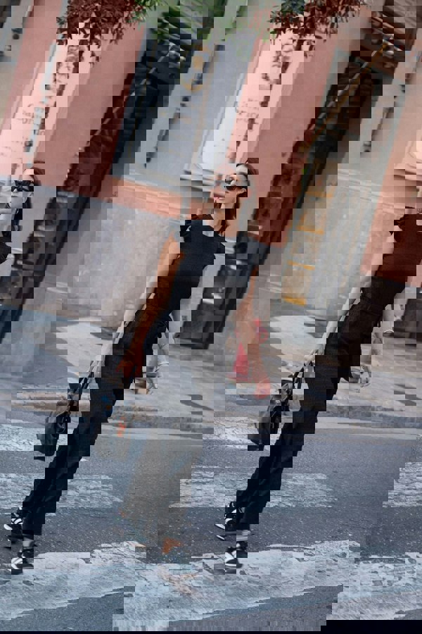 Gini London Black Stretch Texture Frill Elasticated Waist Jumpsuit