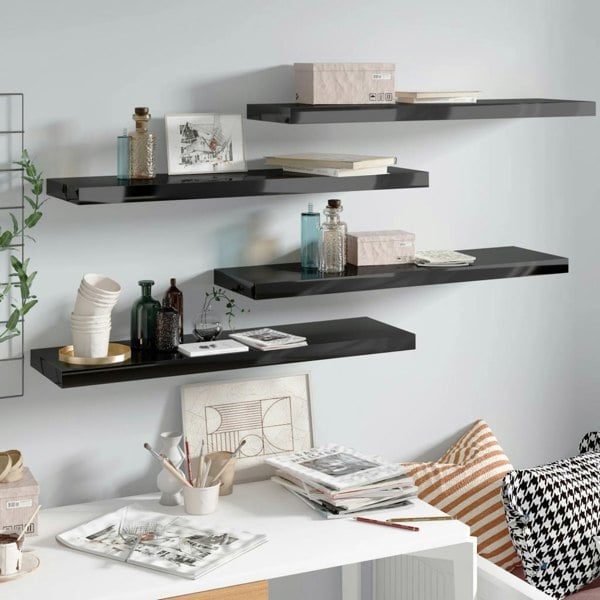 Berkfield Floating Wall Shelves 4 pcs High Gloss Black 90x23.5x3.8 cm MDF