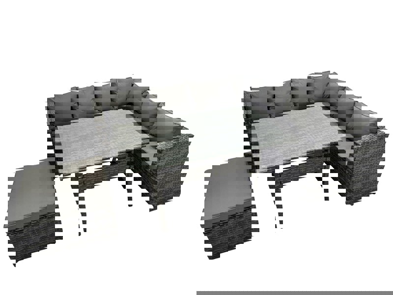 Fimous Rattan Garden Furniture Set Outdoor 7 Seater Patio Dining Corner Sofa Sets with Dining Table Big Stool Dark Grey Mixed