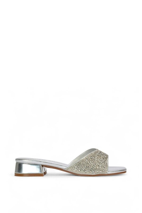 XY LONDON Low Heel Sandal Mules With Diamante Details - Silver