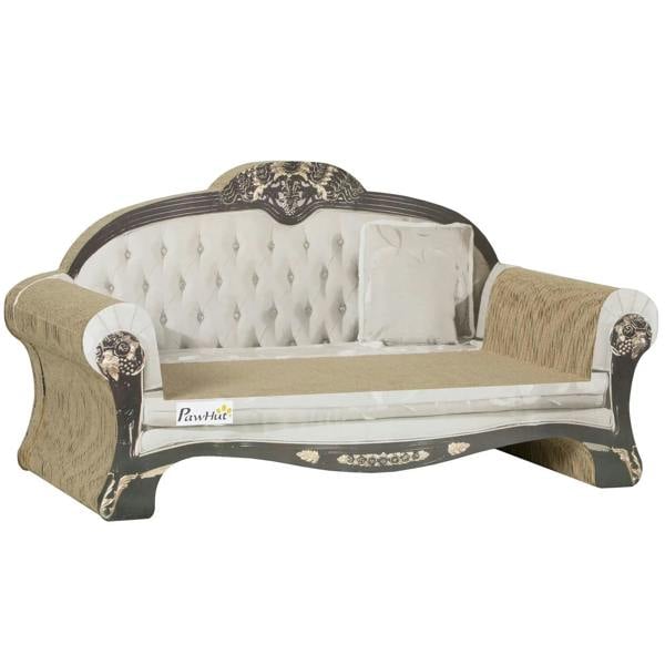 Brown 2-in-1 cat scratcher bed with sisal sides and cushioned white tufted insert