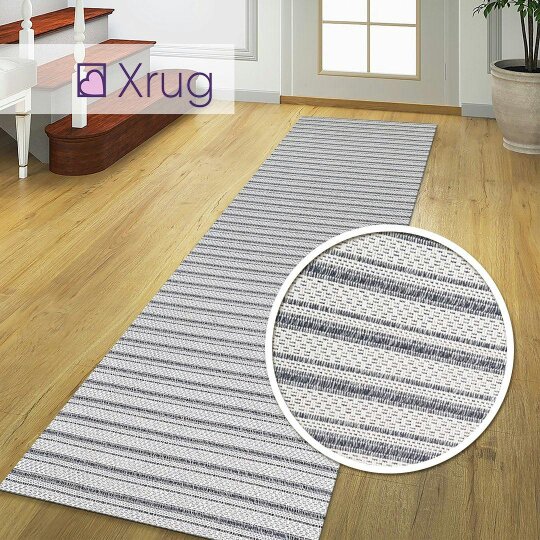 Striped Rug Runner Grey White Cream 100% Cotton Washable Woven Carpet Mat Small Large Flat Weave Rugs for Living Room & Bedroom or Hallway - 75x300cm (2'5''x9'8'')