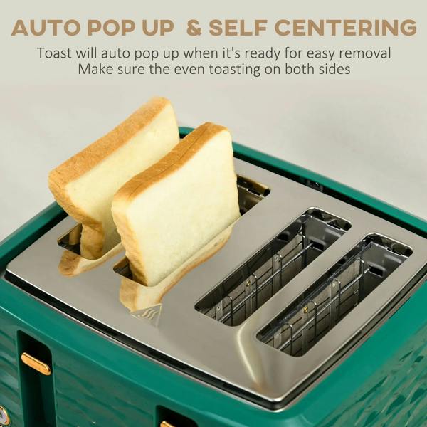 Green 4-slice toaster with toast auto pop-up and self-centering slots.