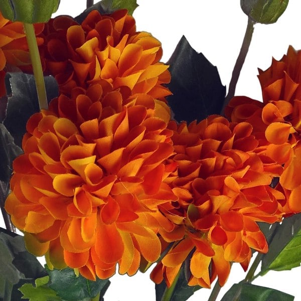 Leaf Pack of 6 x 75cm Artificial Dahlia PomPom Flower Stem Orange