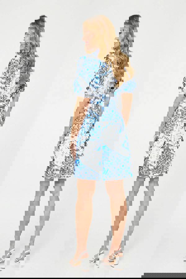 Blue | Abstract Short Puff Sleeve Short Dress