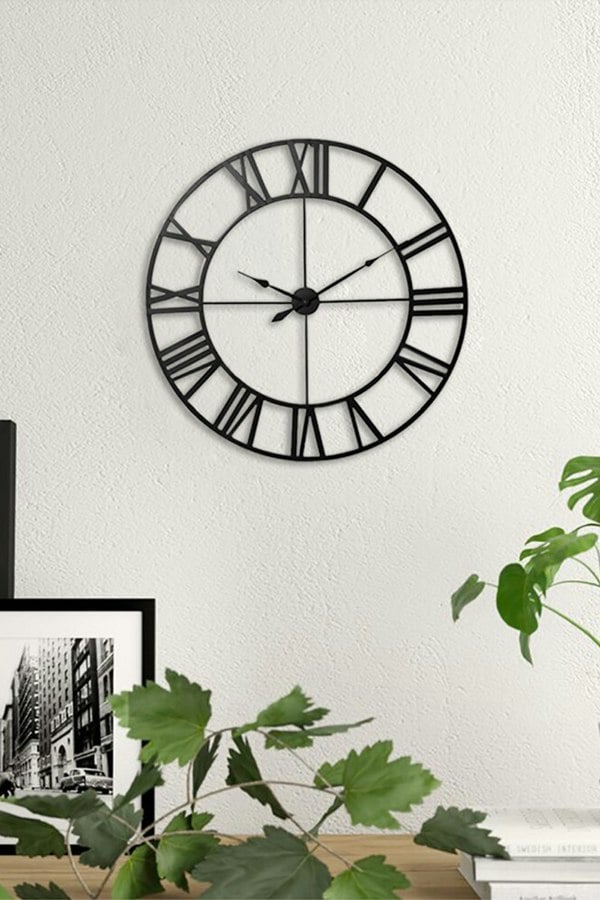 Living and Home 40cm Dia Black Round Roman Numeral Skeleton Metal Wall Clock