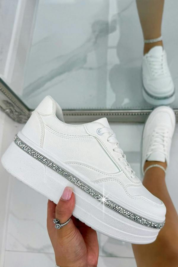 Love Lemonade Crystal Diamante Trim Platform Trainers White