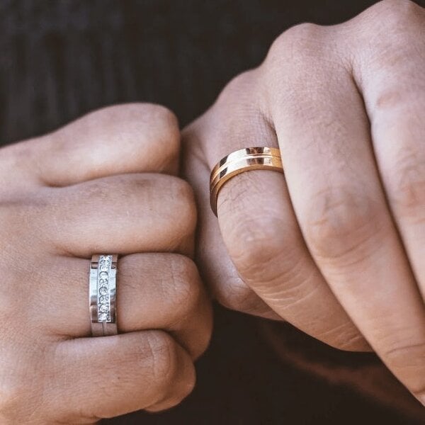 The Colourful Aura Silver Gold Couple Wedding Promise Band Ring Set