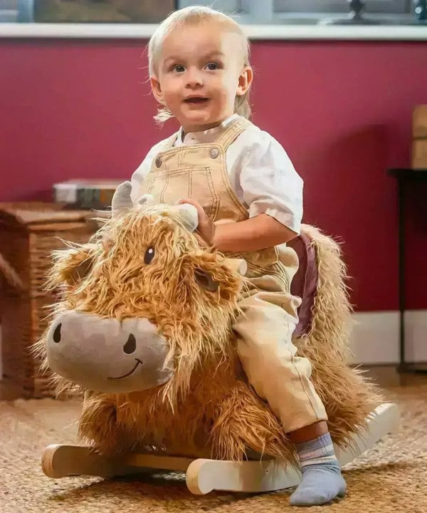 Little boy in dungarees sitting on a rocking highland cow