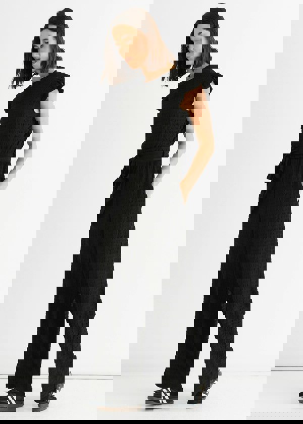 Gini London Black Stretch Texture Frill Elasticated Waist Jumpsuit