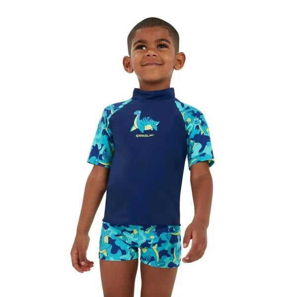 Speedo Tots Boys printed sun protection set in blue green dino rash guard