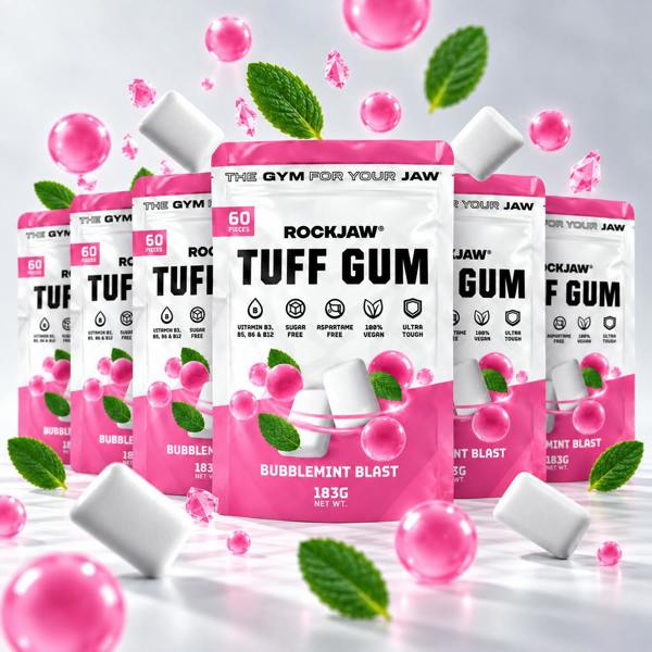 ROCKJAW Tuff Gum 2.0 (Stim-Free) + B Vitamins | Premium Ultra-Tough Jaw Gum - Bubblemint Blast (NEW) - 1 Year Supply (BEST VALUE)