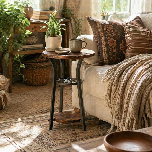 Wyld Haus Neri Rustic Brown Wooden Round Side Table With 3 Tier Storage Floral Design