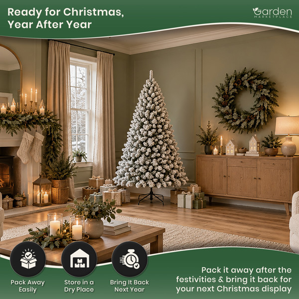 Flocked Woodcote Spruce Artificial Christmas Tree with Snow, 1.8m, 640 Tips, Hinged Branches, 106cm Wide, Metal Stand