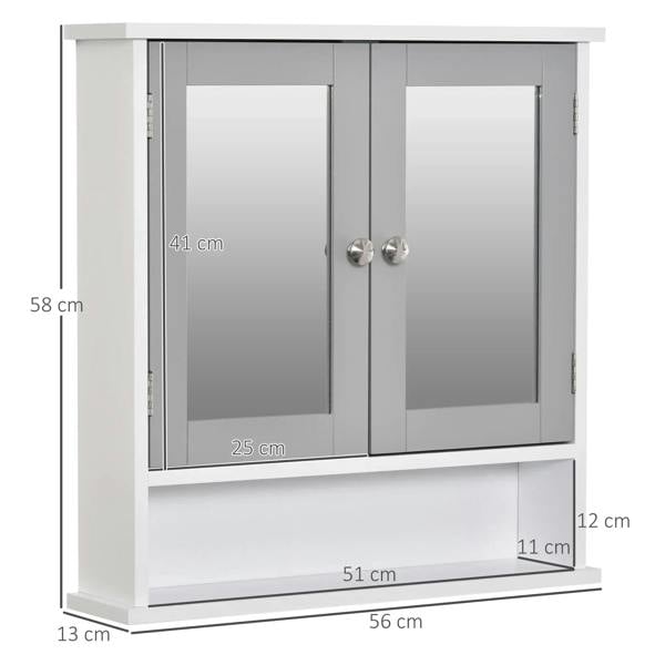 White and grey bathroom wall storage cabinet with double mirrored doors and center shelf