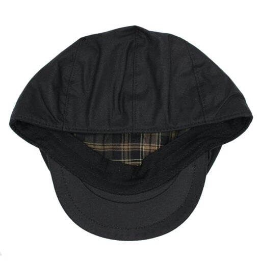 Heather Hats & Accessories Water Resistant Waxed Cotton Flat Cap, Checked Cotton Lining, Outdoor Wear, Black