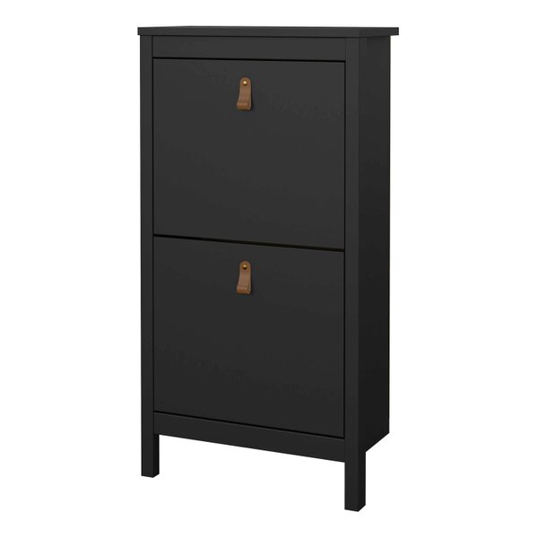 Wyld Haus Wildberry Matt Black Wooden Shoe Cabinet 2 Flip Down Doors Leather Handles