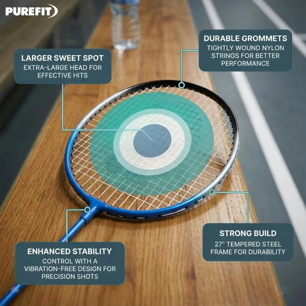 PUREFIT Badminton Set Includes 2 Rackets, 2 Nylon Shuttlecocks & Carry Case Tempered Steel Racquets for Outdoor Garden
