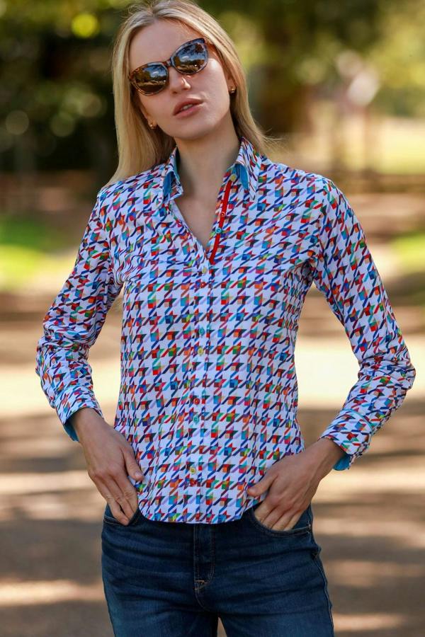 KALEIDOSCOPE HOUNDSTOOTH WOMENS  PRINT SHIRT - Premium Men's Patterned Shirt by Claudio Lugli | Bold Design, Tailored Fit, Best Printed Shirts