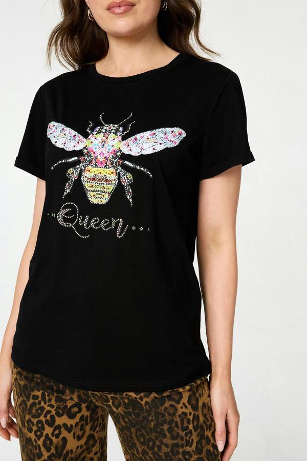 Black | Graphic Bee Print Sparkly Slim T-Shirt