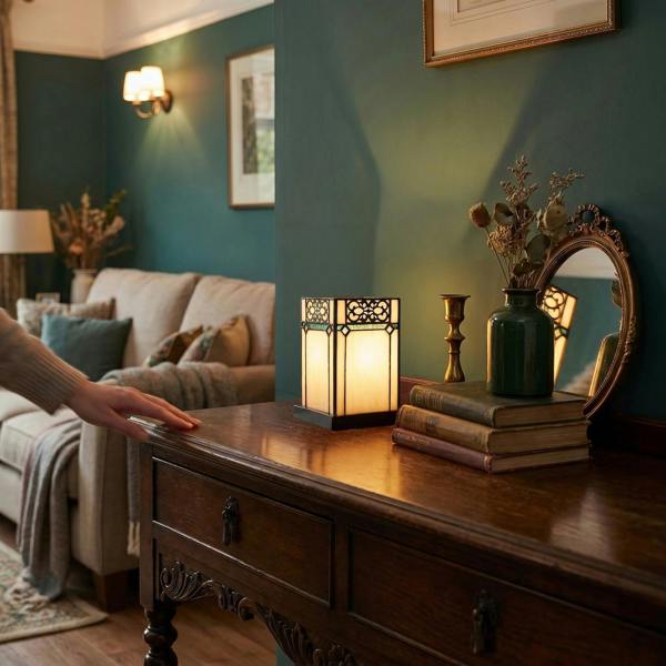 1920s Vintage Rectangular Tiffany Glass Table Lamp in Emerald Green Image 6