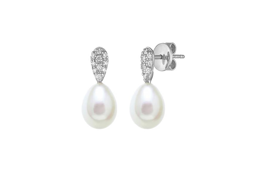 Sarah Layton Freshwater Teardrop Pearl & Diamond Drop Earrings, 7.5-8mm - White Gold - DED307WG