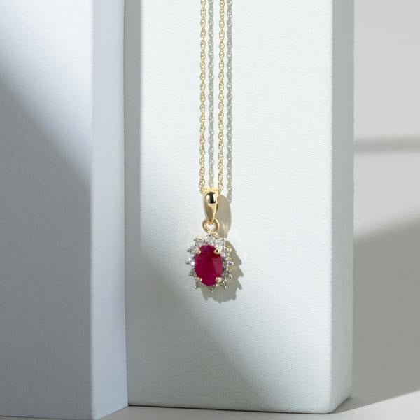 Gemondo Classic Oval Ruby & Diamond Cluster Pendant in 9ct Yellow Gold