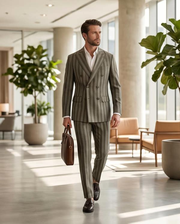 A man in a double-breasted pinstripe suit walks through a modern office lobby, holding a brown leather briefcase.