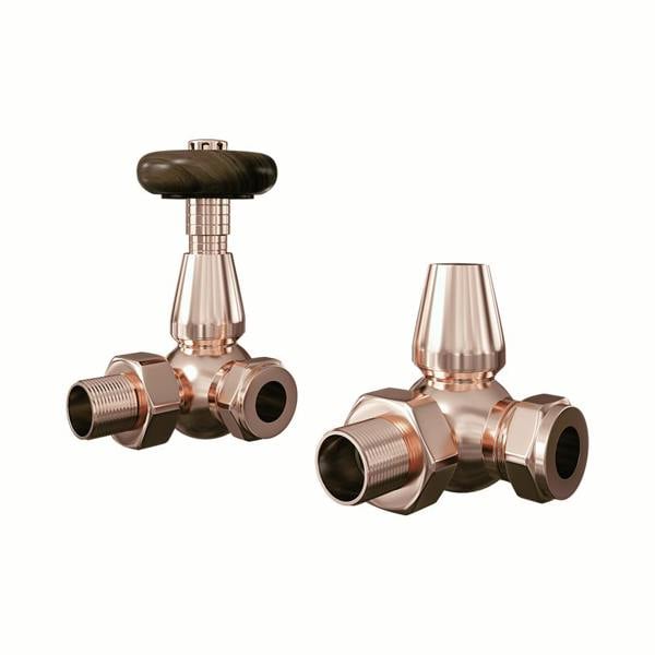 Flode Traditional Style Corner Wood Effect Head TRV & Lockshield | 15mm x 1/2" | Copper