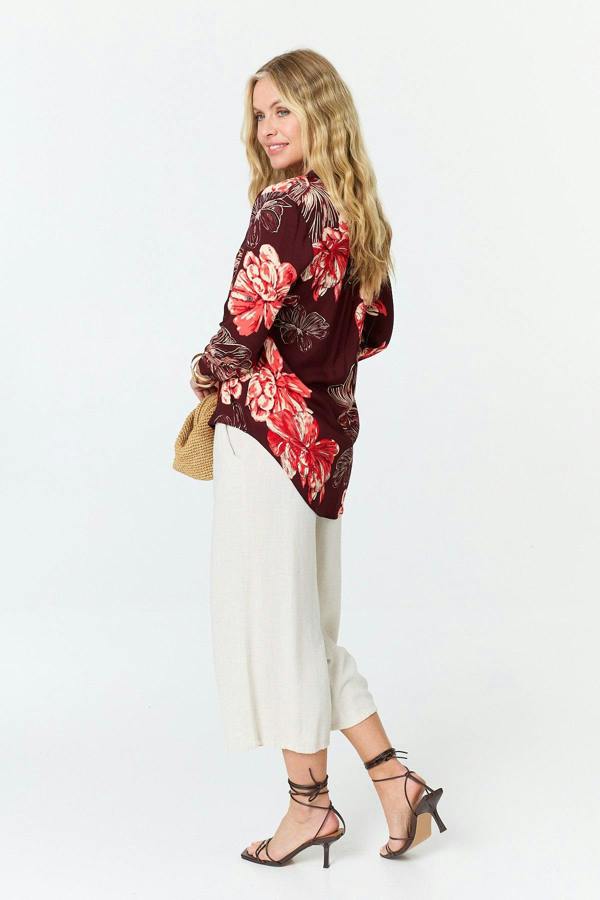 Purple | Floral V-Neck 3/4 Sleeve Relaxed Blouse