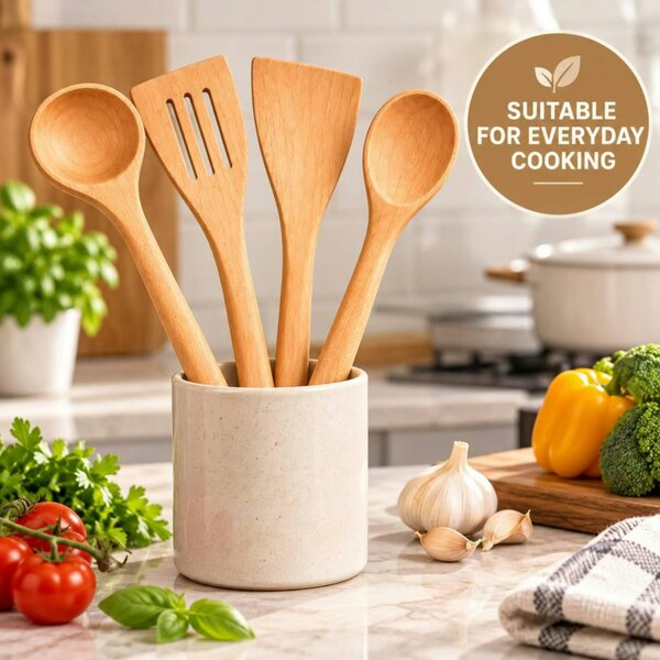 Dyzi 4 Piece Wooden Kitchen Utensil Set Cooking Spoons Spatulas Wood