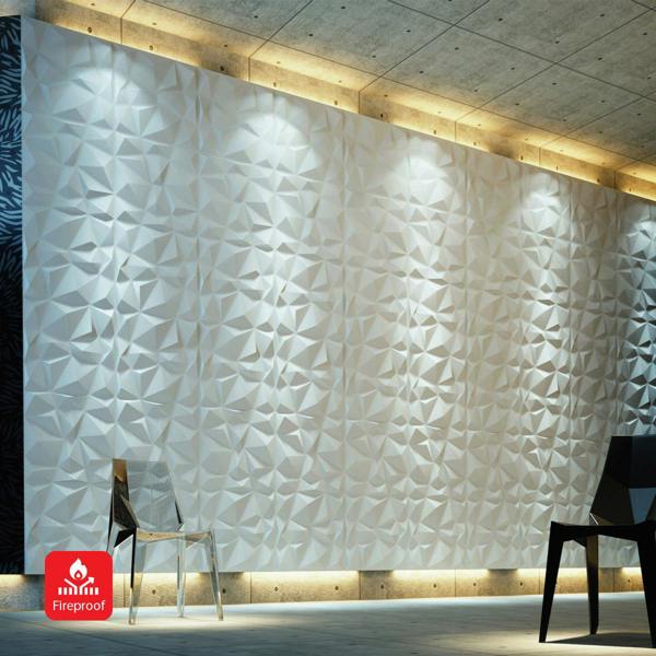 ENER-J 3D PVC Wall Panel, Faceted Diamond Design, White Size: 500x500x1mm | Pack of 4