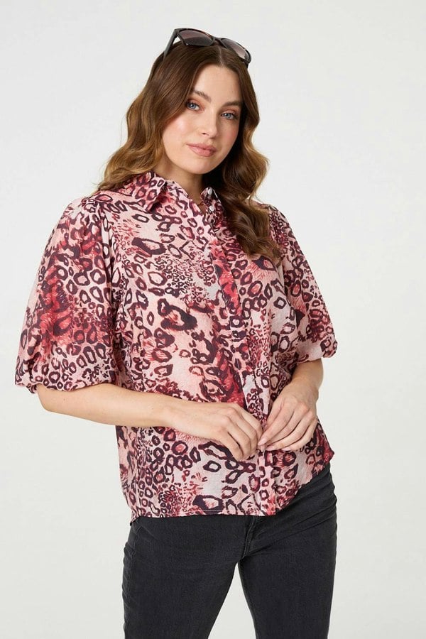 Red | Animal Print Puff Sleeve Shirt 