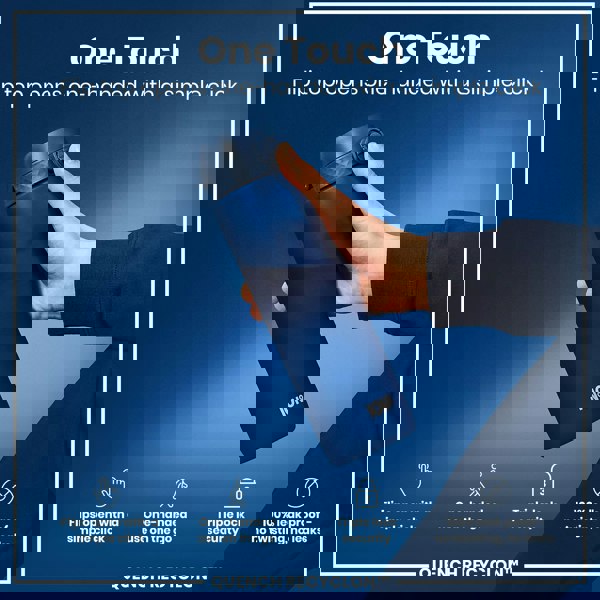 A blue ION8 water bottle is being held; its flip top opens one-handed. The bottle is shown against a dark blue background; text highlights its features.